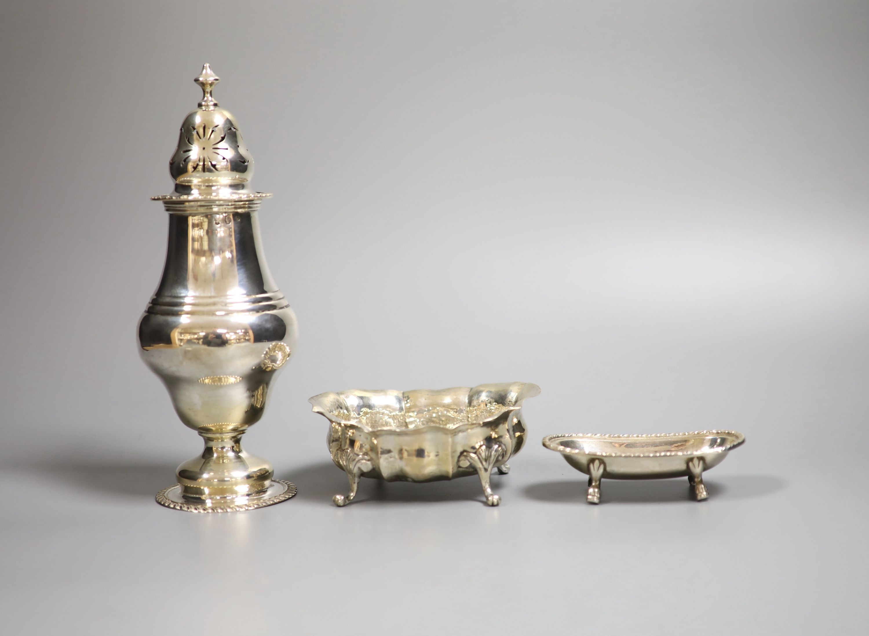 A Continental white metal caster, 21.7cm, an 800 standard silver bowl and a large silver salt, 12.5oz.